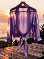 Premium Iridescent Elegant Sheer Chiffon Tie-String Casual Vacation Beautiful Blouse (Women'S Style) - Violet Blue