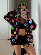 Autumn/Winter Women's Y2K Fashion Casual Colorful Flower Plush Hooded Jacket with Pockets and Front Zipper, Cute Floral Design, Soft Comfortable Warm Fabric, Versatile Style for Daily Casual Wear A11117-1 - Multicolor