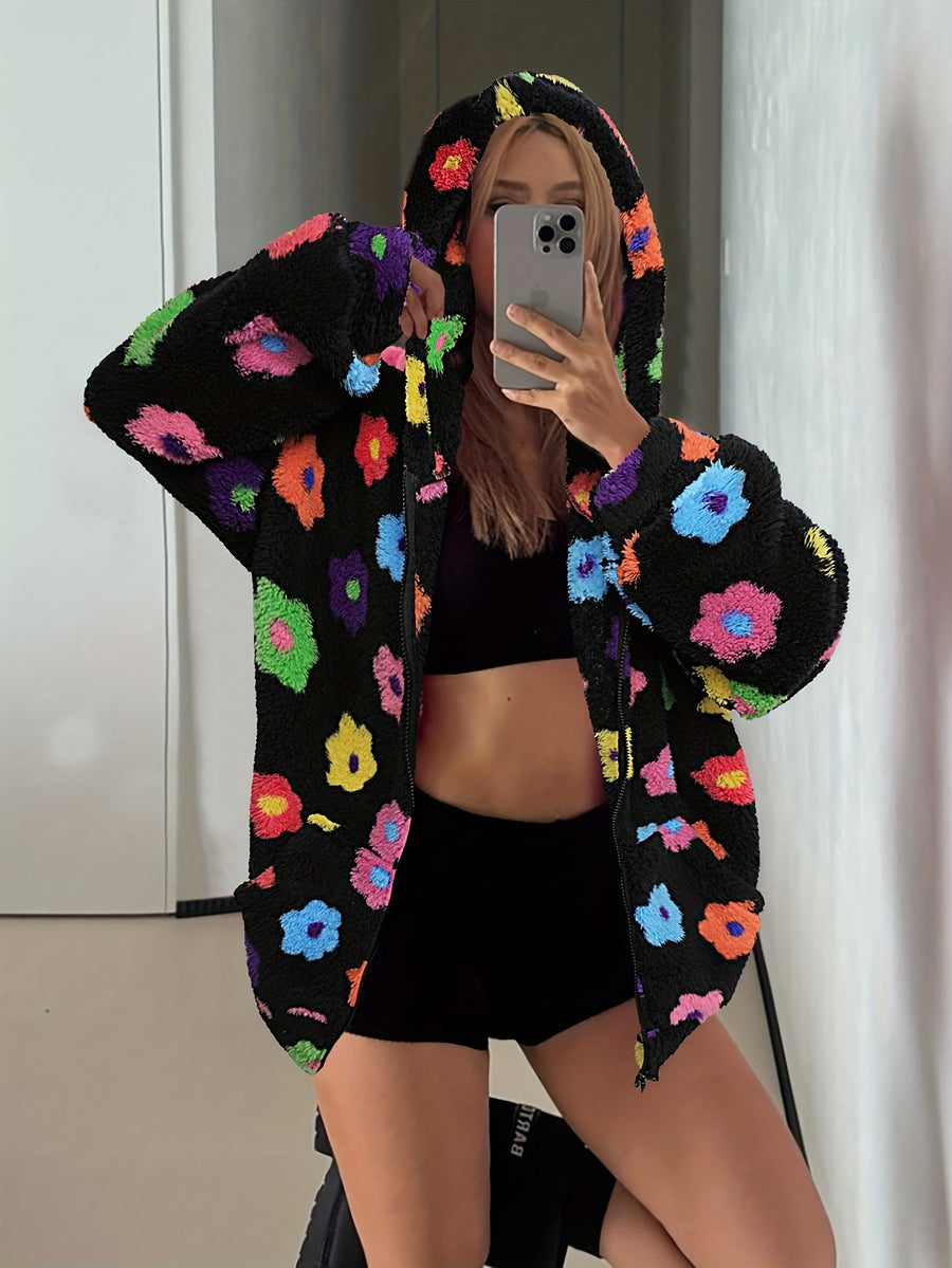 Autumn/Winter Women's Y2K Fashion Casual Colorful Flower Plush Hooded Jacket with Pockets and Front Zipper, Cute Floral Design, Soft Comfortable Warm Fabric, Versatile Style for Daily Casual Wear A11117-1 - Multicolor