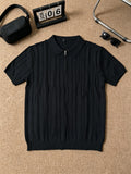 Elegant Half Zip Vertical Rib Knit Polo Shirt for Men, Lightweight Cool Collared Short Sleeve Top, Stretch Versatile Casual Blouse for Daily Multi-scene Outfits - Black