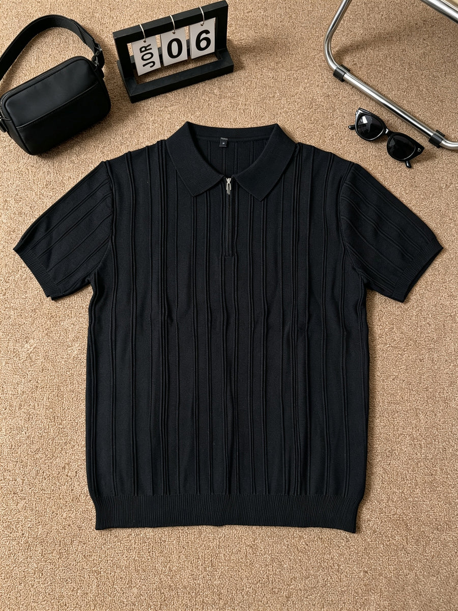 Elegant Half Zip Vertical Rib Knit Polo Shirt for Men, Lightweight Cool Collared Short Sleeve Top, Stretch Versatile Casual Blouse for Daily Multi-scene Outfits - Black