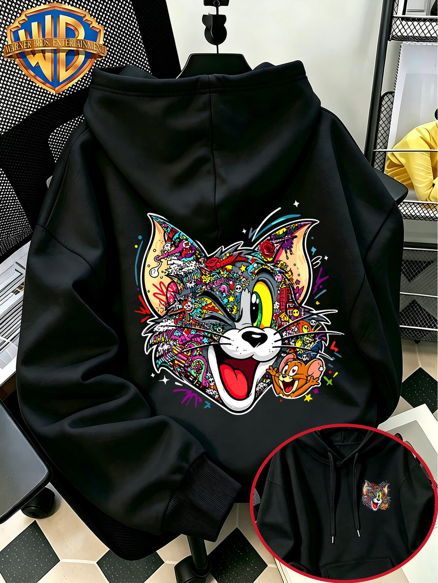Autumn Winter Trendy Fashion Drawstring Pocket Hooded Men'S Sweatshirt, Multi-Color Graffiti Fun Cool Classic Mouse Cat Head Cartoon Print Design, Sporty Fashion Loose Hoodie, Casual Daily Wear, Trendy For, Suitable for Home And Outings, Unisex - Black