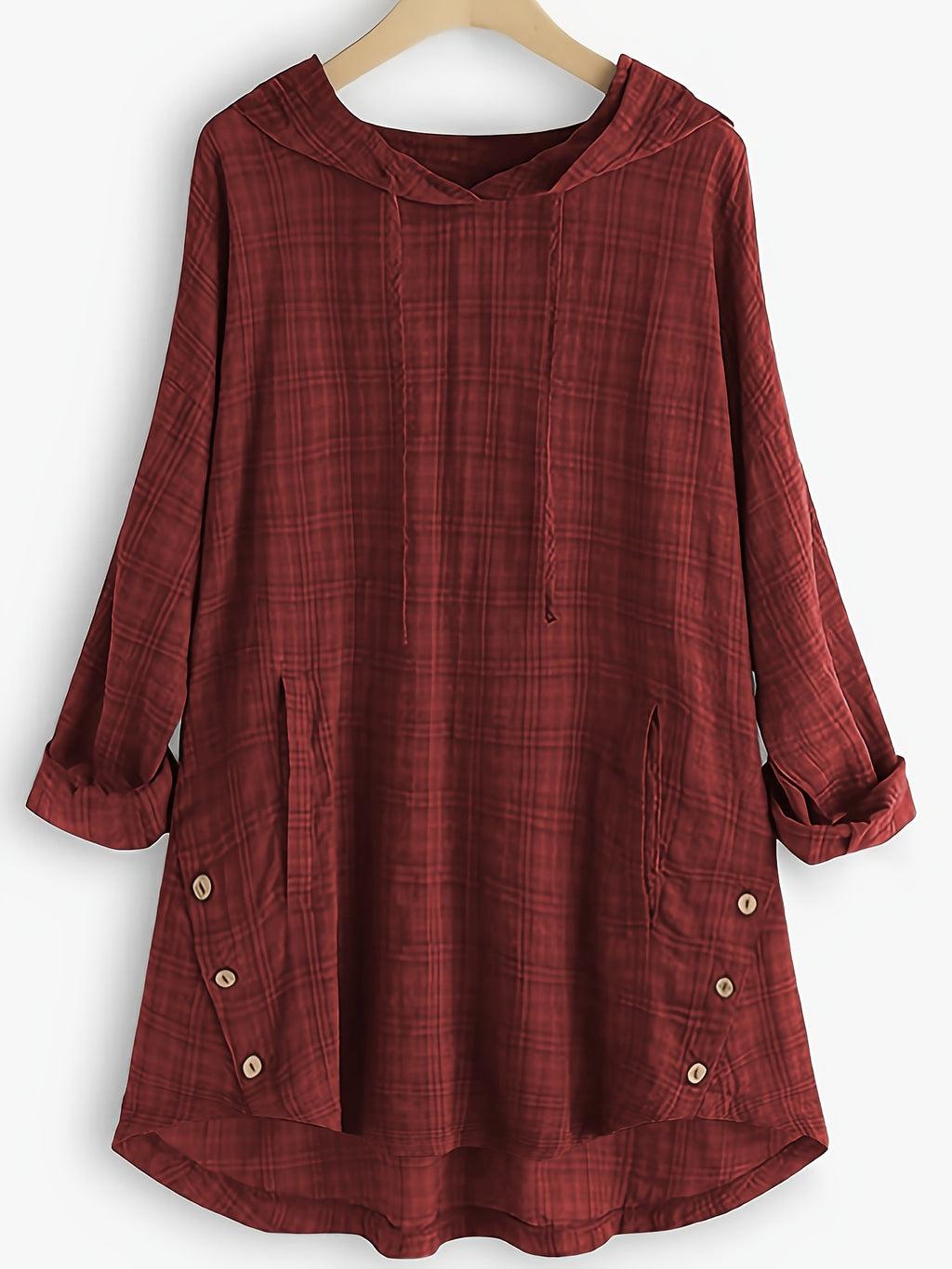 Casual Long-Sleeve Hooded Shirt, Asymmetrical Top, Stylish Plaid Blouse, Autumn Waist-Tied Outerwear for Women, Elegant Long-Sleeve Drawstring Shirt - Burgundy