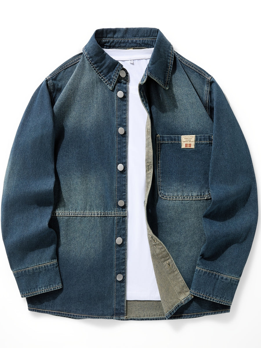 Vintage Washed Denim Shirt Men'S Spring Autumn Loose Cargo Shirt Heavyweight Casual Long Sleeve Jacket Versatile Top - Sea Blue