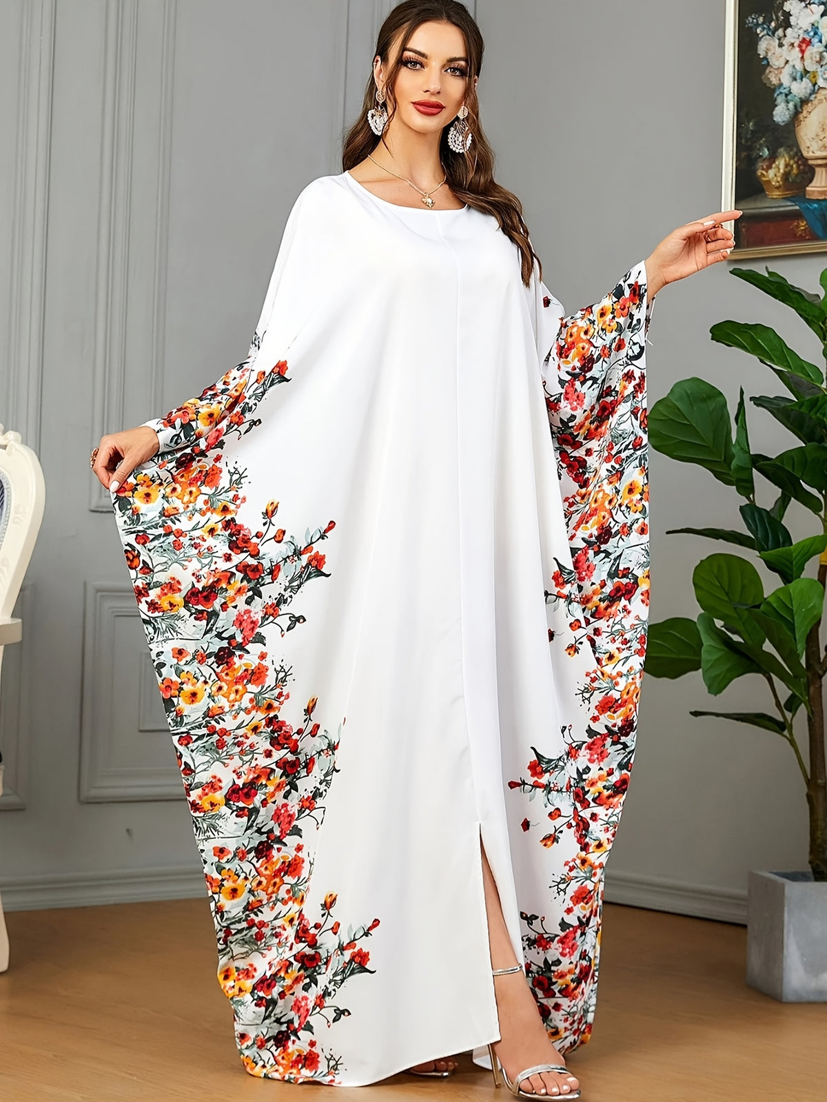 1pc Floral Print Crew Neck Abaya, Elegant Batwing Sleeve Split Maxi Dress, Women'S Clothing Maxi Abaya Dress Modest Prayer Dress for Muslim Women | Batwing Sleeves And Elegant Swing Hem for Everyday Outings And Travel Outfits - White