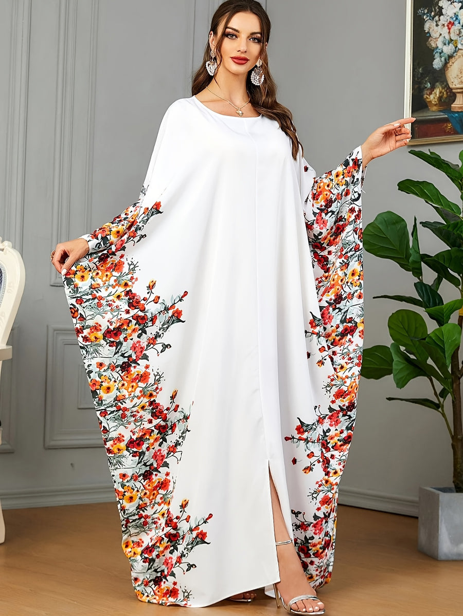 1pc Floral Print Crew Neck Abaya, Elegant Batwing Sleeve Split Maxi Dress, Women'S Clothing Maxi Abaya Dress Modest Prayer Dress for Muslim Women | Batwing Sleeves And Elegant Swing Hem for Everyday Outings And Travel Outfits - White