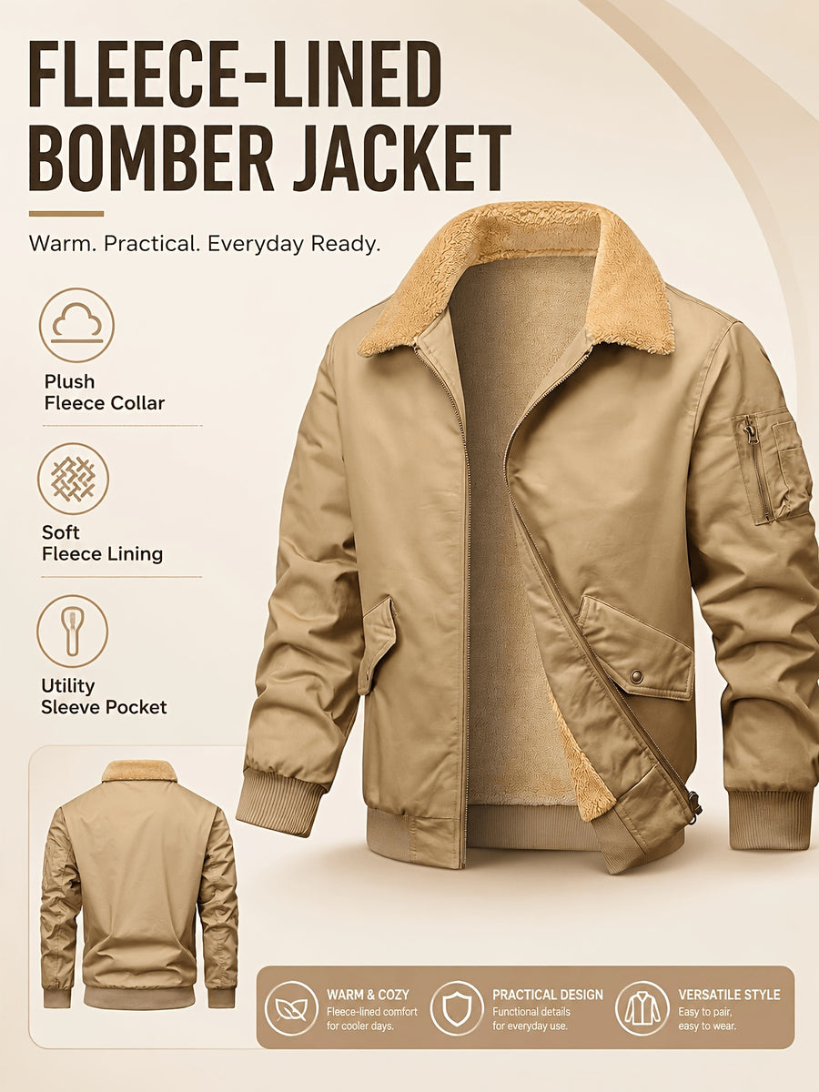 Men'S Autumn Winter Jacket Fleece Bomber Jacket Faux Lamb Shear Fleece Windproof Warm Jacket - Yellowish-brown