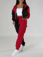 Fashion Women'S Clothing, Color-Block Hooded Casual Set - Black And Red
