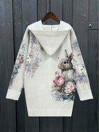 Nordic Pastoral Style Hooded Chunky Floral Rabbit Print Fabric Cardigan, Women's Vintage Long Coat - Light Grey