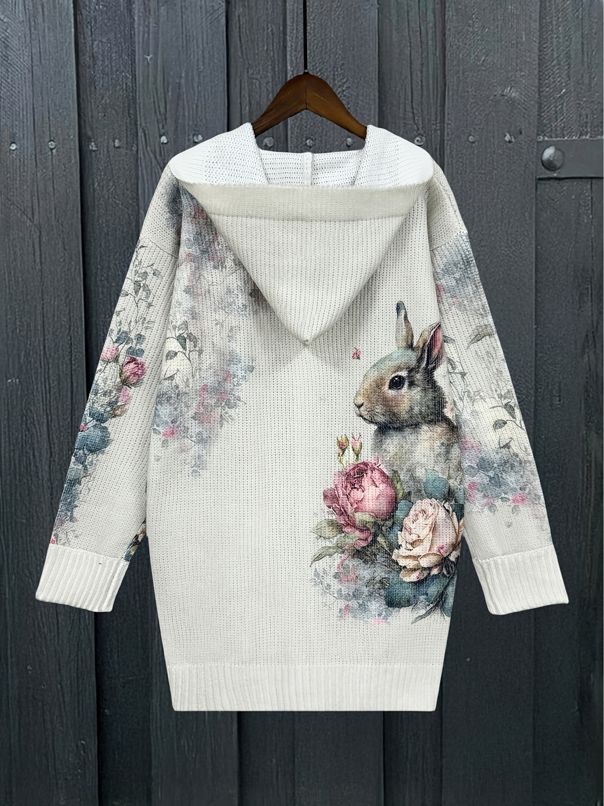 Nordic Pastoral Style Hooded Chunky Floral Rabbit Print Fabric Cardigan, Women's Vintage Long Coat - Light Grey