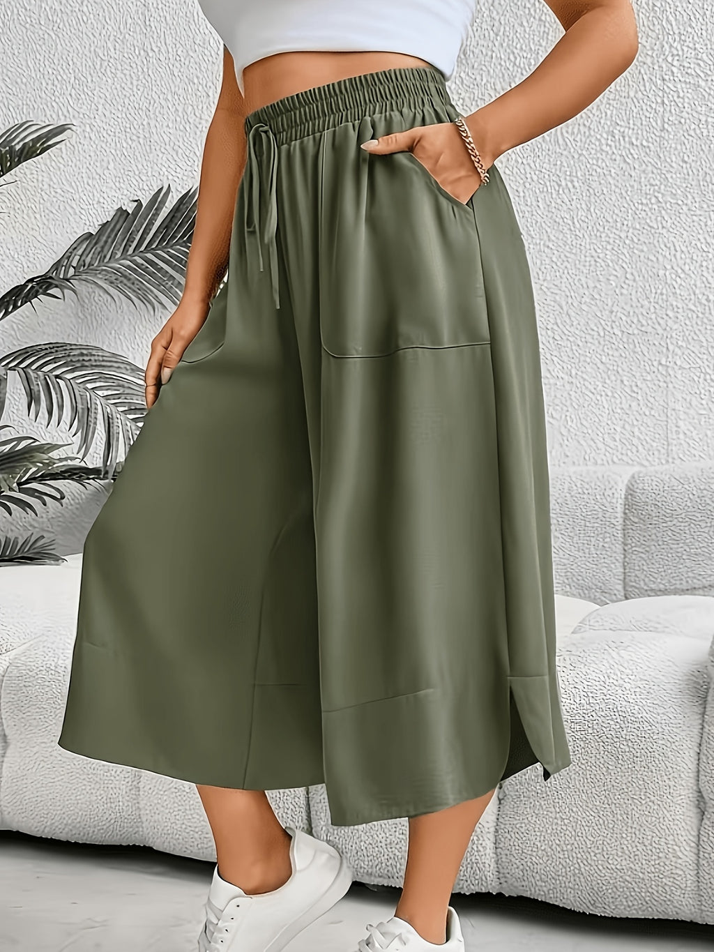 Women'S Fashion Wide Leg Pants - Olive Green
