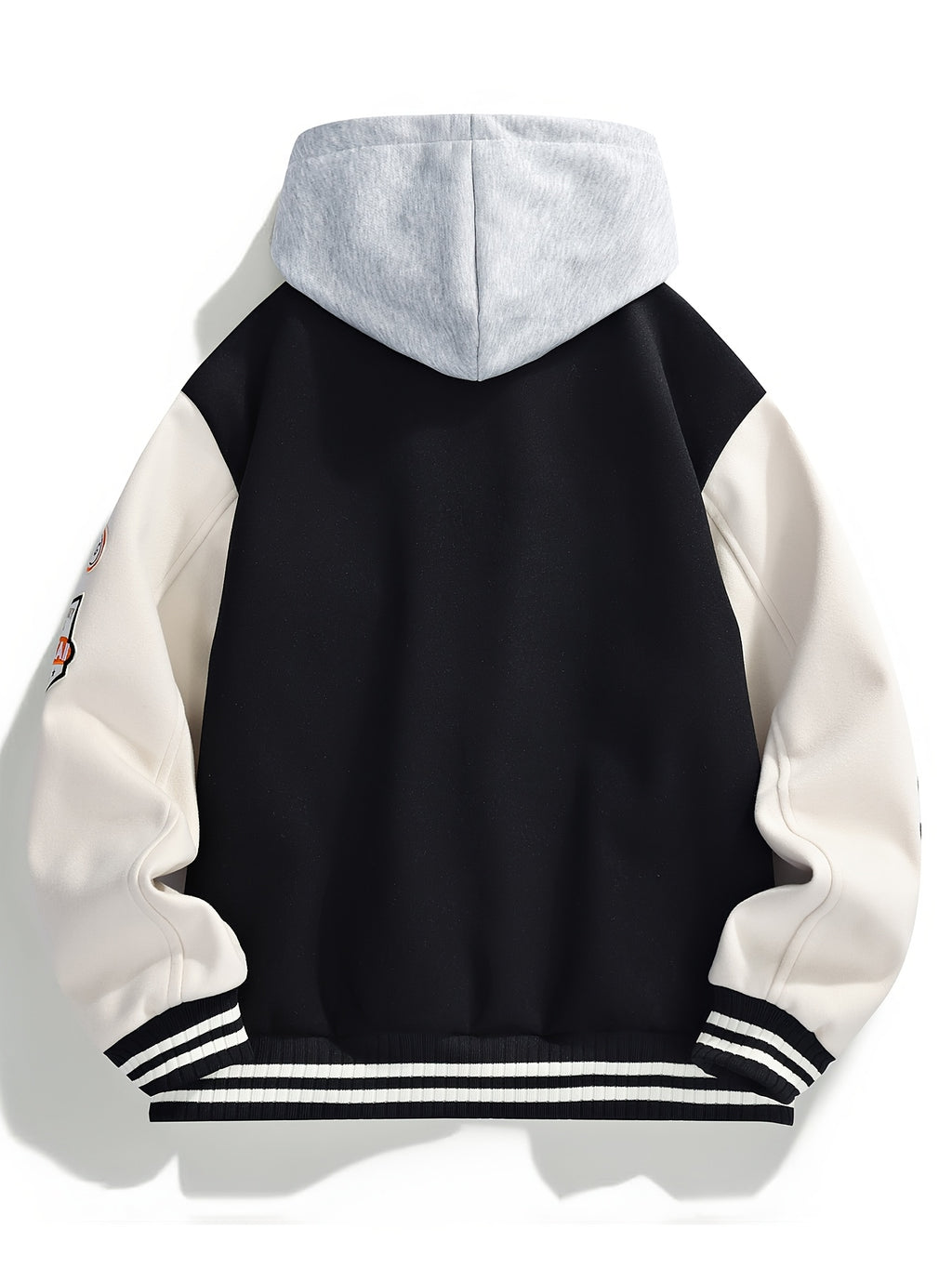 Heavyweight Embroidered Pattern Men's Hooded Baseball Jacket 2-in-1 Look Color Block Trendy Windbreaker Jacket Couple's Fashion Autumn Outerwear - Black