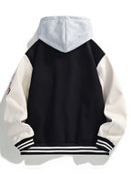 Heavyweight Embroidered Pattern Men's Hooded Baseball Jacket 2-in-1 Look Color Block Trendy Windbreaker Jacket Couple's Fashion Autumn Outerwear - Black
