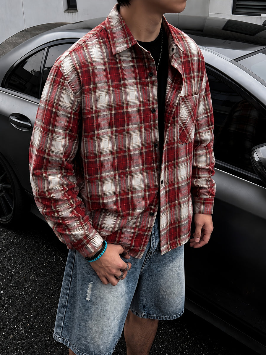 Men'S Vintage Plaid Long Sleeve Shirt, Loose Casual Button-Up Jacket Style Overshirt, Japanese Trendy Brand Lapel Checkered Shirt, Suitable for Outdoor Daily Wear in Spring, Autumn, And Winter - Burgundy