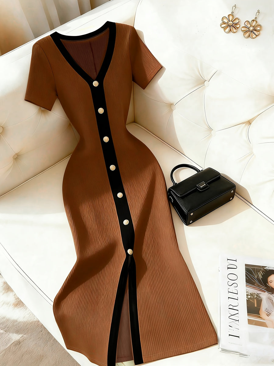 Ribbed Dress, Single-Breasted Slim-Fit Hip-Hugging Dress, Black and White Contrast Color Elegant Dress, Short-Sleeve Waist-Cinching Dress, High-End Little Black Dress, French-Style Elegant Dress, Light Luxury High-End Look, Vintage Classic Elegant - Dark Brown