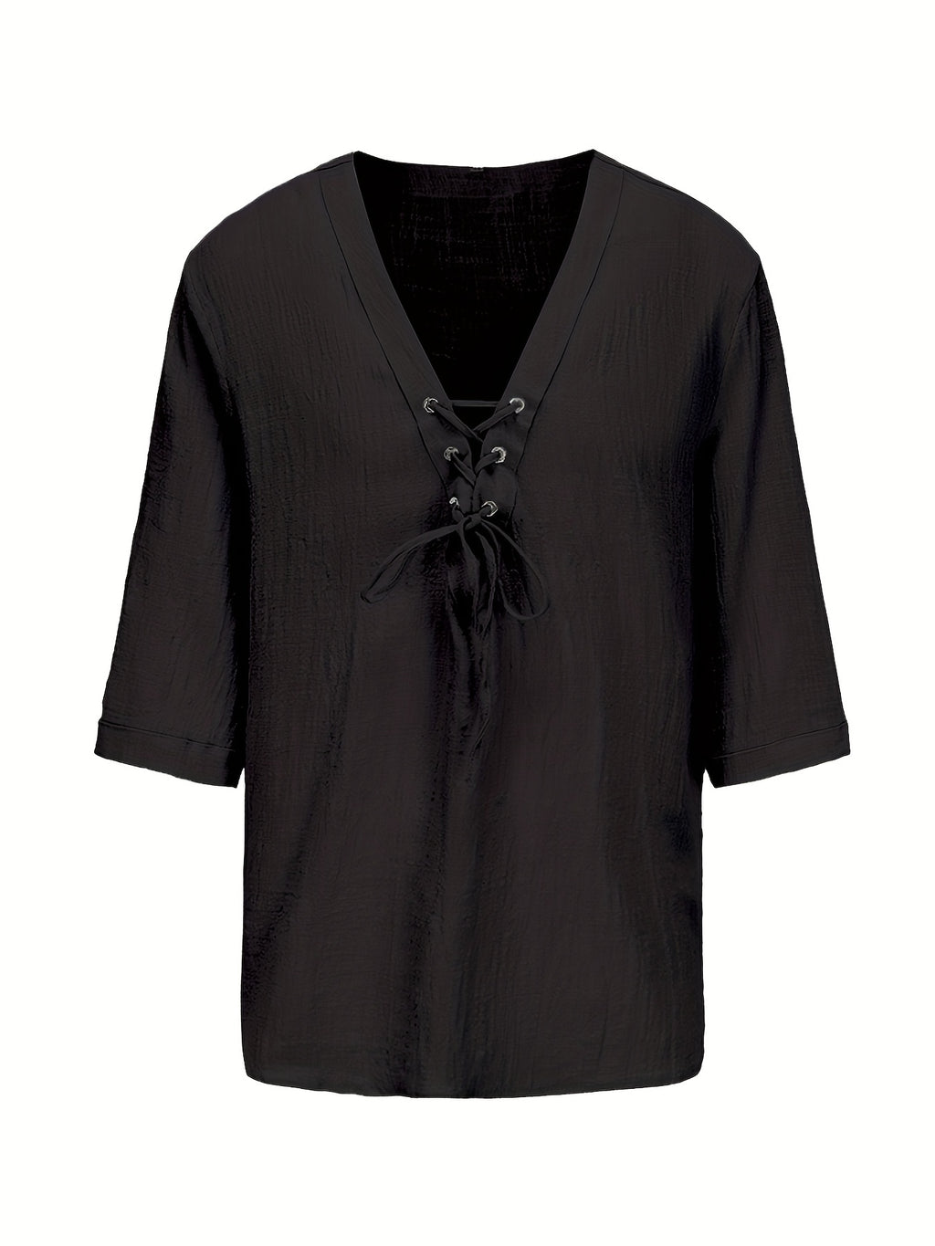 Men's Summer Casual V-Neck Breathable Short-Sleeve Fashion Drawstring Solid Color T-Shirt with Wrinkle Fabric - Black