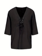 Men's Summer Casual V-Neck Breathable Short-Sleeve Fashion Drawstring Solid Color T-Shirt with Wrinkle Fabric - Black