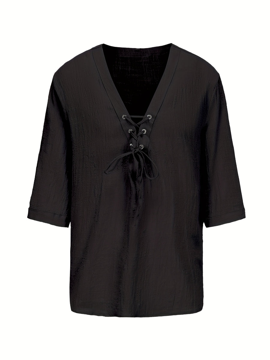 Men's Summer Casual V-Neck Breathable Short-Sleeve Fashion Drawstring Solid Color T-Shirt with Wrinkle Fabric - Black