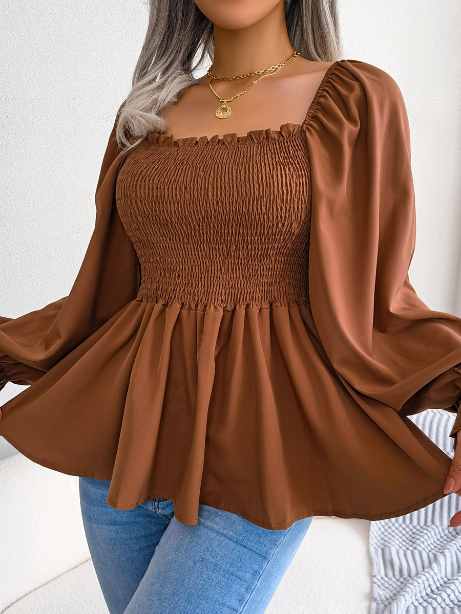 2023 Spring/Summer European and American Casual Solid Color Square Neck Flared Sleeve Ruffle Hem Chiffon Blouse - Coffee Brown