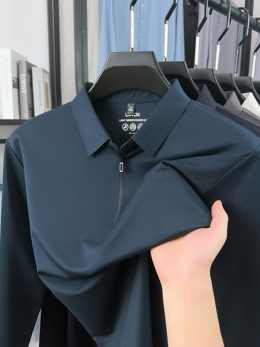 Men'S Thin Loose Zip Collar Lapel Long Sleeve Polo Shirt Skin-Friendly Non-Iron Business Casual Top for Spring Autumn Daily Commute Layering Outfit for Middle-Aged Dad, Suitable for Golf, Fishing, Tennis, Outdoor Sports - Dark Green