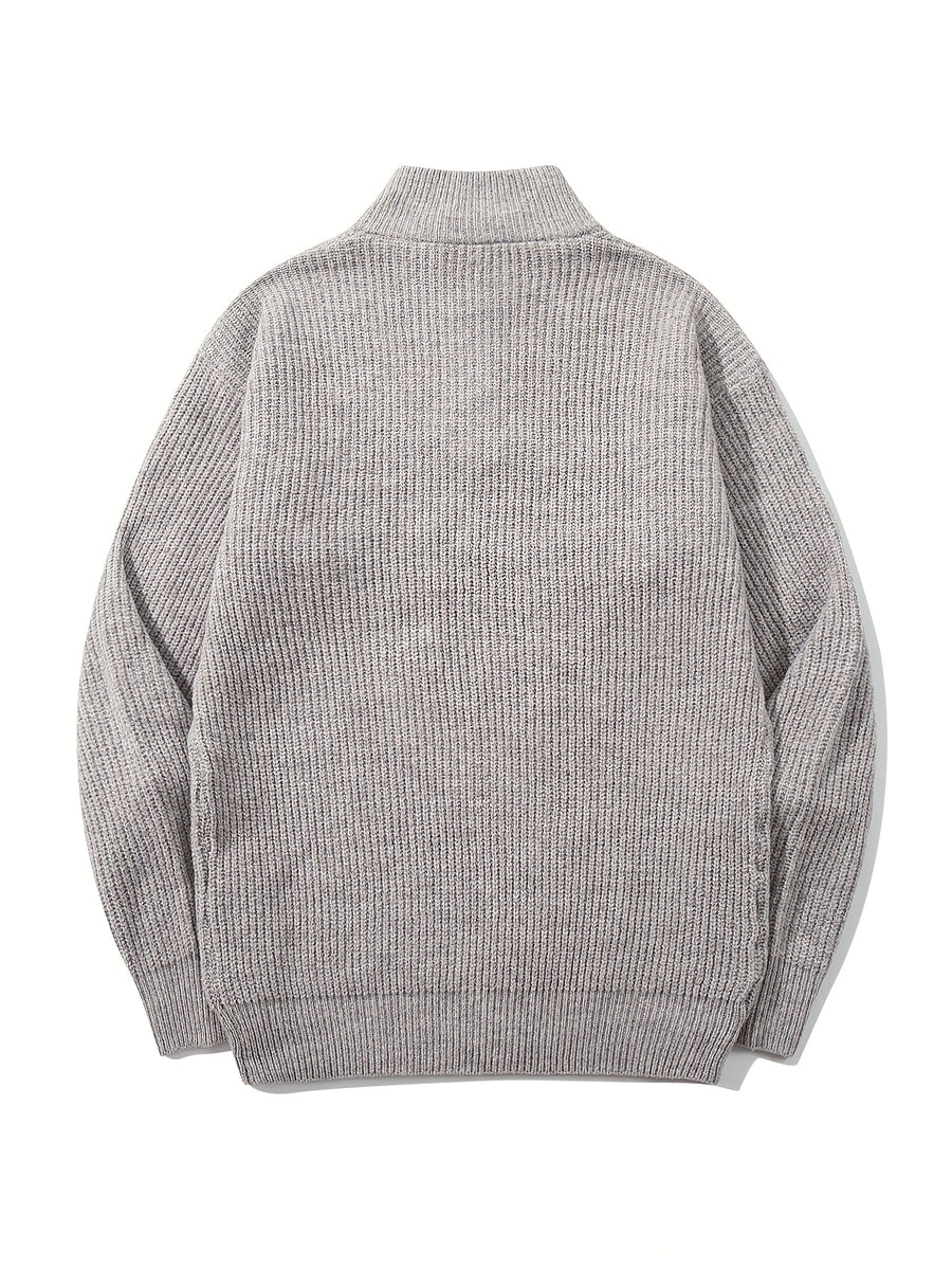 LOOKUN Autumn Winter Solid Color Daily Commute Sporty High Neck College Outdoor Textured Loose Fit Comfortable Mature Style Half Open Collar Pullover Long Sleeve Knit Sweater Top - Grey