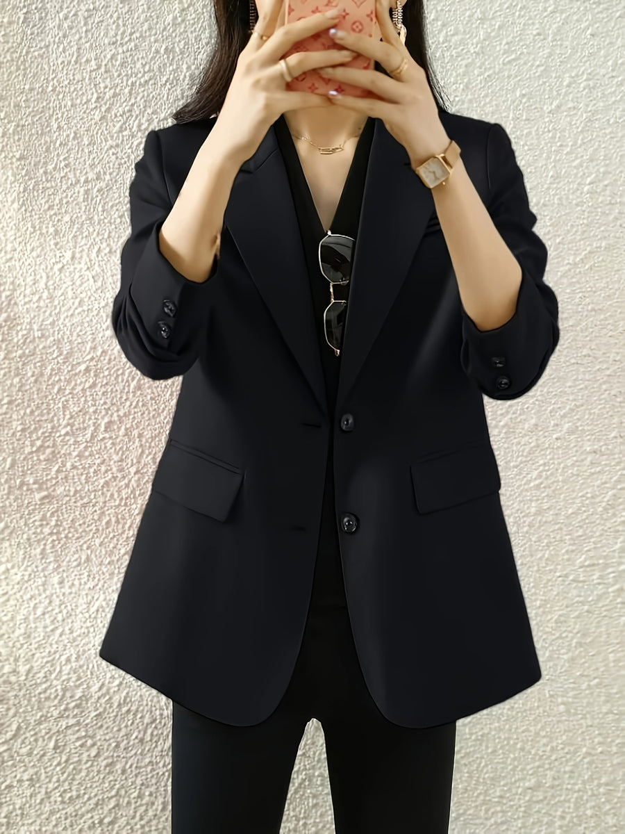 Fashionable Women's Elegant Blazer with Stylish Casual Back Center Slit Design, Solid Color Lapel, Single-Breasted Suit Jacket - Black