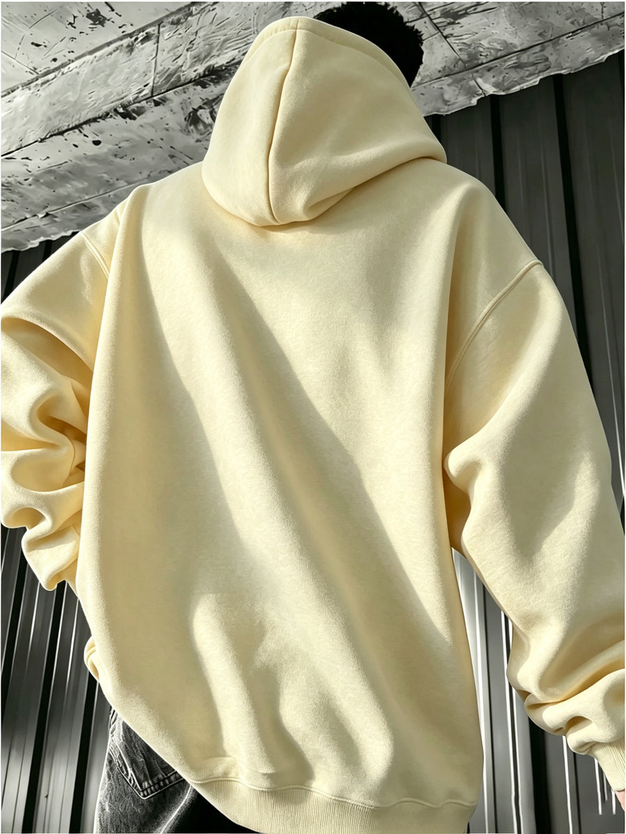 2PIECESMen's Solid Color Drop-shoulder Long-sleeve Drawstring Pocket Casual Outdoor Street Fashion Hoodie, Suitable for Autumn and Winter, Back-to-school Season - 【Light Yellow】
