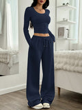 2pcs Women's Casual Solid Color Ruched Round Neck Crop T-Shirt and Wide Leg Drawstring Waist Pants Set - Blue Navy