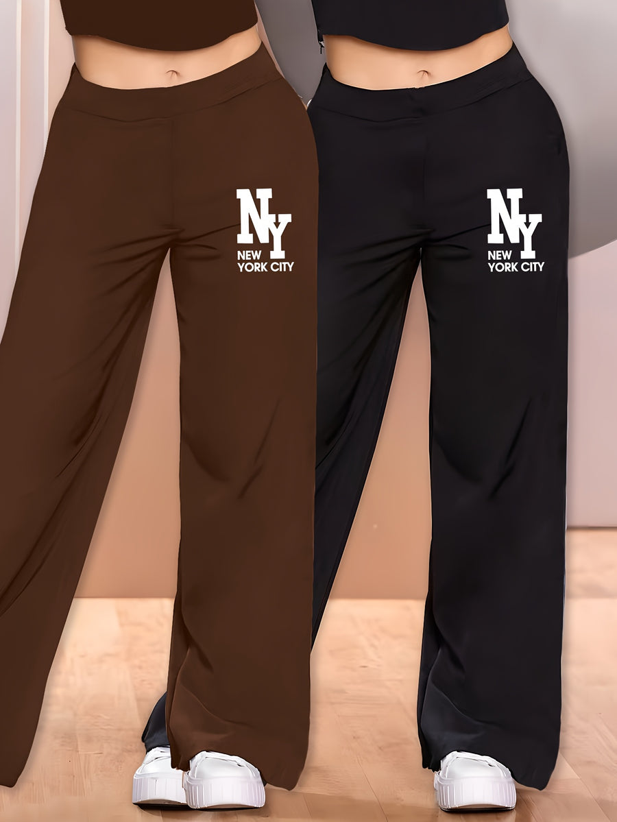 Elegant - 2pcs Women's Wide-Leg Casual Pants, Summer Lightweight Style, Letter Print - Coffee+Black