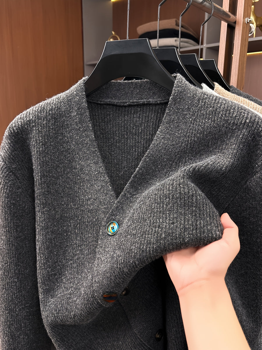 Men's V-neck Knitted Cardigan, Autumn/Winter Loose Fit Thickened Solid Color Simple Casual Sweater Outerwear Top - Dark Gray