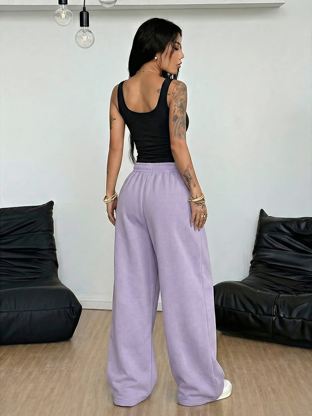 National Trend Oriental Dragon Pattern Sun And Pattern Printing, Women'S Two-Piece Set, Women'S Navel-Baring Top Vest + Elastic Waist Drawstring Casual Sports Wide-Leg Long Pants Women'S Clothing Two-Piece Set - Black+Purple