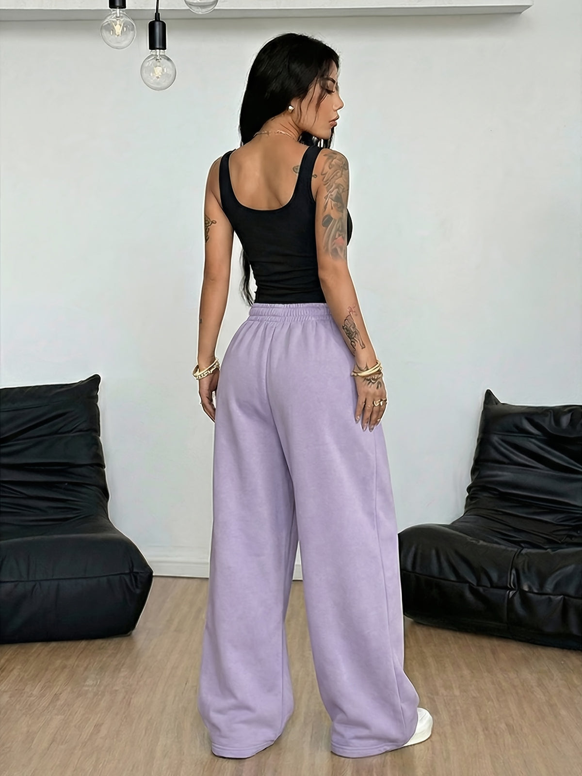 National Trend Oriental Dragon Pattern Sun And Pattern Printing, Women'S Two-Piece Set, Women'S Navel-Baring Top Vest + Elastic Waist Drawstring Casual Sports Wide-Leg Long Pants Women'S Clothing Two-Piece Set - Black+Purple