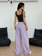 American Street Style California Los Angeles Letter Pattern Print, Women'S 2Pcss Set, Women'S Crop Top And Vest Top And Loose Waist Drawstring Casual Athletic Wide Leg Long Pants Women'S 2Pcss Set - Black+Purple