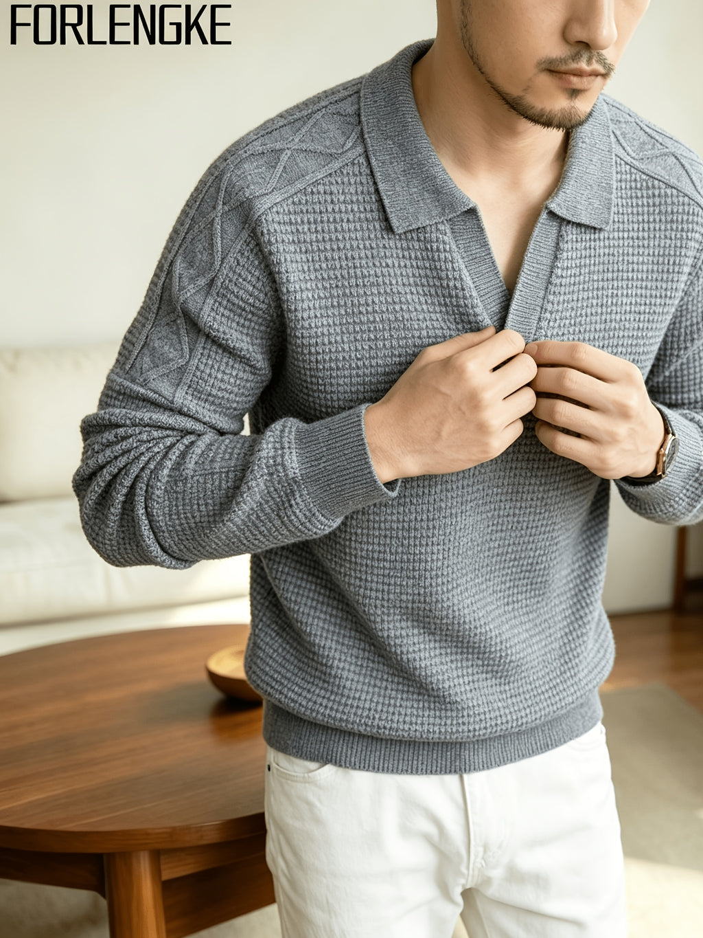 FORLENGKE Men'S Business Casual Lapel V-Neck Knit Sweater, Soft Warm Textured Long Sleeve Pullover Tops for Autumn Winter Office Daily Wear - Grey