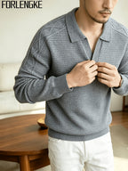 FORLENGKE Men'S Business Casual Lapel V-Neck Knit Sweater, Soft Warm Textured Long Sleeve Pullover Tops for Autumn Winter Office Daily Wear - Grey