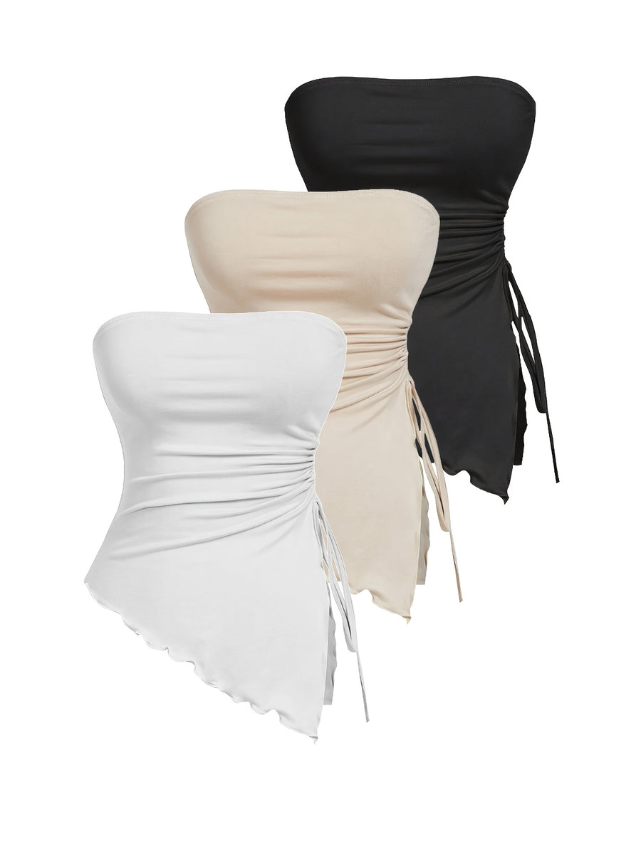 Women'S 3-Pack Strapless Top Drawstring Side Ruched Asymmetrical Tube Tops - Black/Beige/White