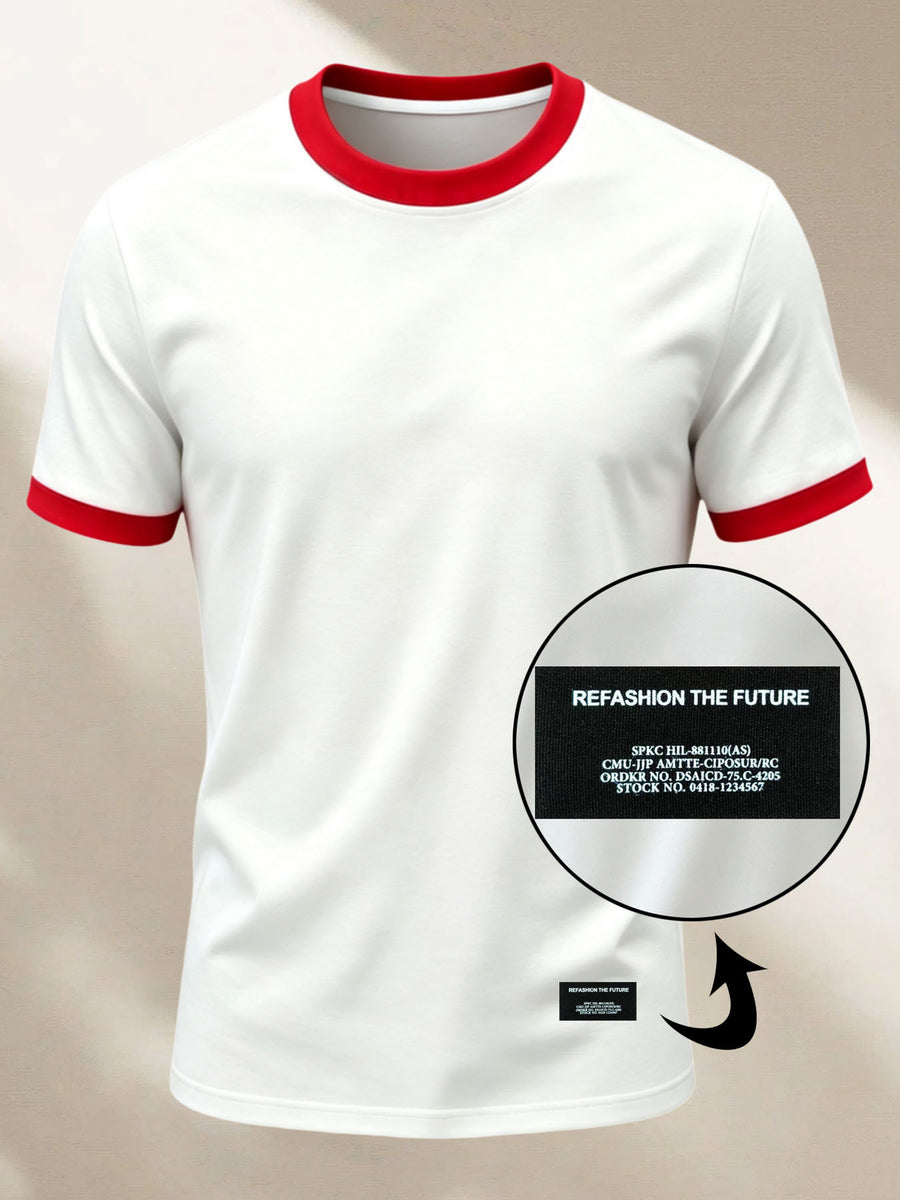 100% Cotton Men's Knitted Color-Block Crew Neck Patched T-Shirt, Summer All-Season Base Layer, Factory-Made for Men, Comfortable, High Quality, High Fit Rate, Casual Sportswear with Contrast Hem and Patch Appliqué - White with Red ZZ019
