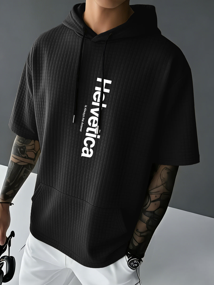 Helvetica Men's Waffle Knit Short-Sleeve Hoodie with Comfortable Printed Drawstring, Sweatshirt T-Shirt with Pocket, Summer Casual Fashion Men's Apparel, Suitable for Outings and Home Wear, for Daily and Formal Wear, Simple Summer Fashion for Sports - Black