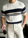 Men'S Color-Block Short-Sleeve Knit Pullover, Regular Round Neck Top, Business Casual Summer New - Off-white