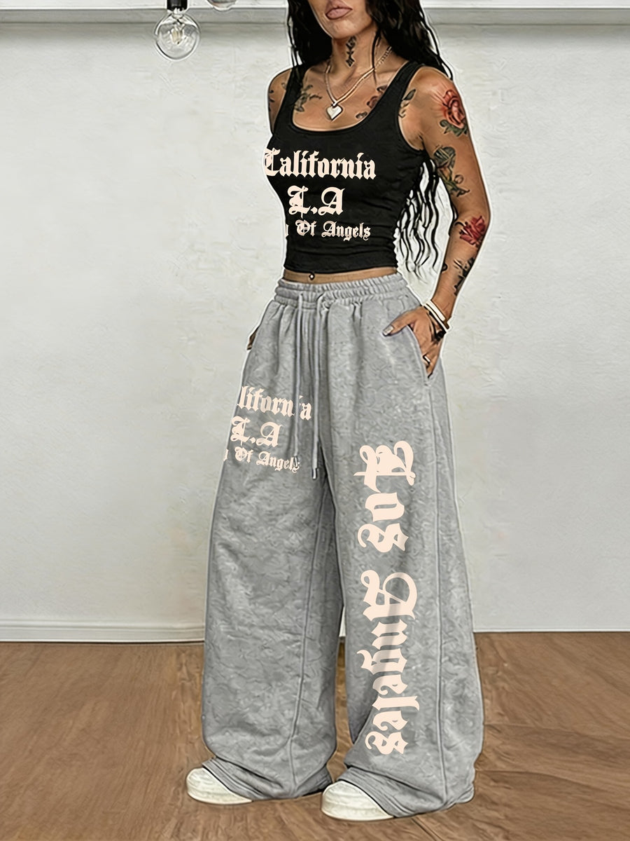 American Street Style California Los Angeles Letter Pattern Print, Women'S 2Pcss Set, Women'S Crop Top And Vest Top And Loose Waist Drawstring Casual Athletic Wide Leg Long Pants Women'S 2Pcss Set - Black+gray