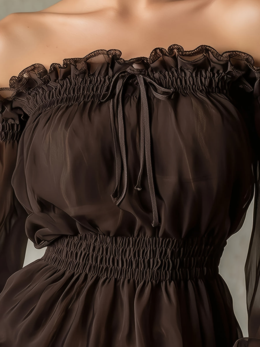 Fashionable Retro Ruffle Brown Off-Shoulder Women'S Chiffon Shirt Suitable for Spring, Summer And Autumn - Dark Brown