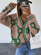 Western And American Autumn Winter New Plush Patchwork Contrast Color Sweater Cardigan Coat - Khaki