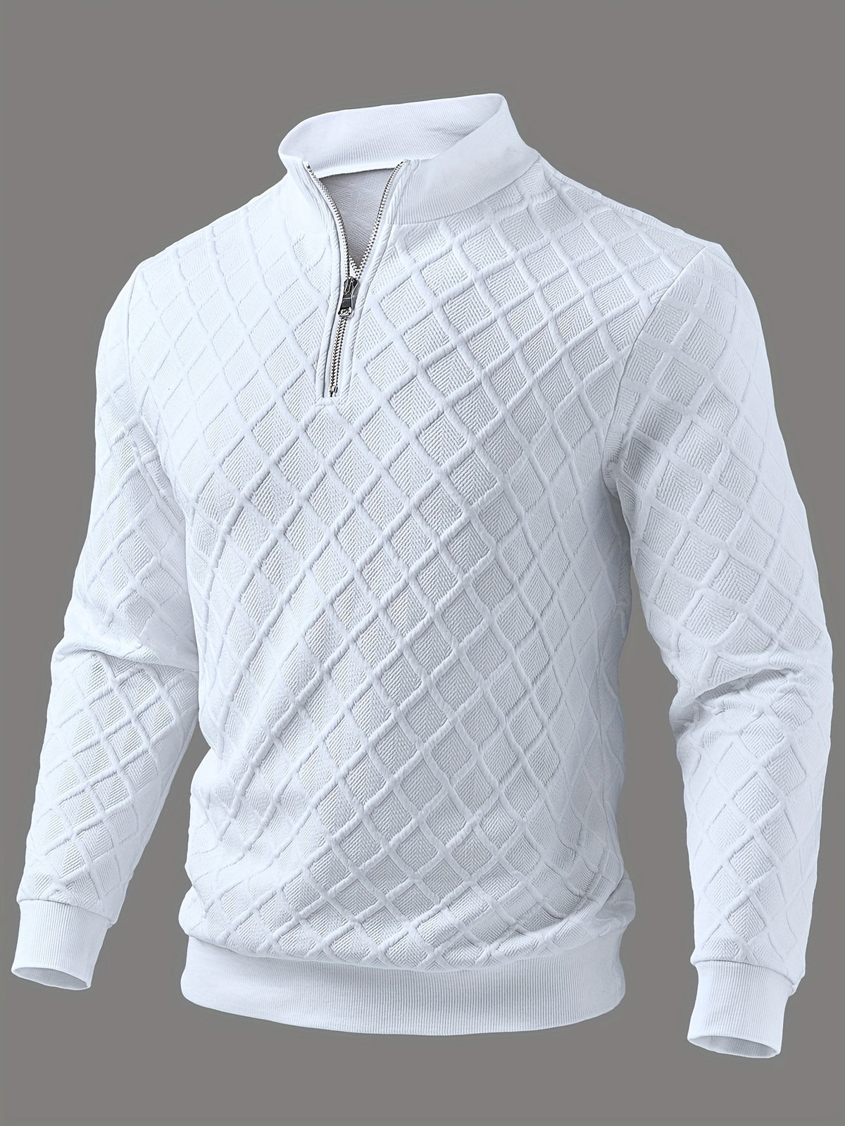 Men'S Fashion Top, Autumn Winter Casual Textured Jacquard Fabric, Solid Color Round Neck Zipper Long Sleeve Patchwork Men'S Sweater, Knit - White