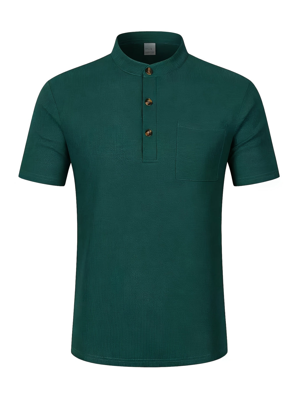Men's Solid Color Patchwork T-Shirt, Simple and Elegant with a Vintage Button Design, Comfortable to Wear. Suitable for Spring, Summer, Home, Outings, and Travel Occasions, Showcasing a New Casual and Business Style - Dark Green