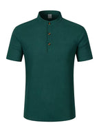 Men's Solid Color Patchwork T-Shirt, Simple and Elegant with a Vintage Button Design, Comfortable to Wear. Suitable for Spring, Summer, Home, Outings, and Travel Occasions, Showcasing a New Casual and Business Style - Dark Green