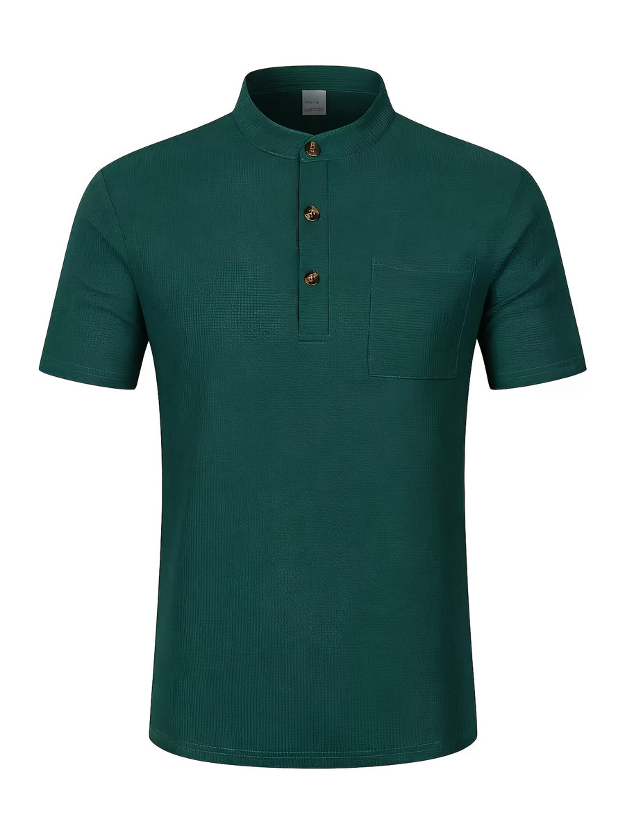 Men's Solid Color Patchwork T-Shirt, Simple and Elegant with a Vintage Button Design, Comfortable to Wear. Suitable for Spring, Summer, Home, Outings, and Travel Occasions, Showcasing a New Casual and Business Style - Dark Green