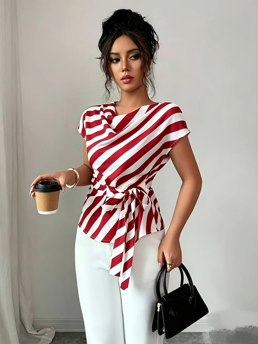 Women's Elegant Commuter High-Neck Striped Print Vacation Casual Shirt - Multicolor