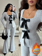 Elegant Fashion New Autumn Winter Solid Color Warm Square Neck Long Sleeve Slim Fit Waist Tie Bow Decor Top and Slim Fit Warm Flared Pants 2pcs Set - Space Gray