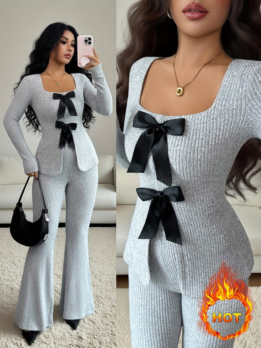 Elegant Fashion New Autumn Winter Solid Color Warm Square Neck Long Sleeve Slim Fit Waist Tie Bow Decor Top and Slim Fit Warm Flared Pants 2pcs Set - Space Gray