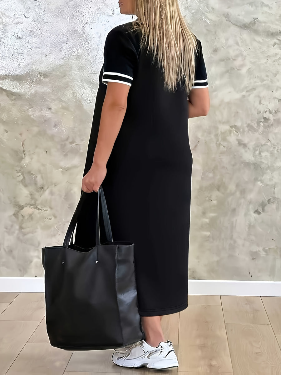 Plus Size, Plus Size Women's V-Neck Short Sleeve Loose Fit A-Line Slit Hem Casual Dress - Black